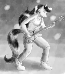 Size: 2000x2267 | Tagged: safe, artist:sixes&sevens, derpibooru import, octavia melody, anthro, clothes, eyes closed, female, guitar, image, jeans, monochrome, musical instrument, pants, png, ripped jeans, ripped pants, rocktavia, solo, tanktop, torn clothes