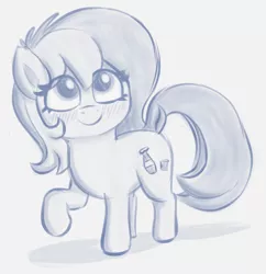 Size: 882x912 | Tagged: safe, artist:heretichesh, derpibooru import, oc, oc:fizzie, earth pony, pony, blushing, drink, female, image, monochrome, png, sketch, smiling, soda, solo