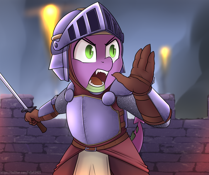 Size: 5940x5000 | Tagged: safe, artist:felixf, derpibooru import, spike, anthro, dragon, absurd resolution, armor, castle, fireball, image, knight, male, night, png, signature, solo, spike the brave and glorious, sword, wall, weapon, yelling