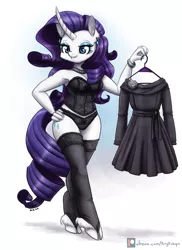 Size: 1823x2500 | Tagged: suggestive, artist:king-kakapo, derpibooru import, rarity, anthro, pony, unguligrade anthro, unicorn, black underwear, bracelet, breasts, clothes, cloven hooves, curved horn, ear piercing, eyeshadow, female, hand on hip, horn, image, jewelry, lingerarity, lingerie, makeup, panties, patreon, patreon logo, piercing, png, smiling, socks, solo, solo female, underwear