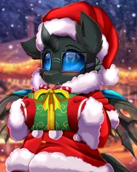 Size: 2550x3209 | Tagged: safe, artist:pridark, derpibooru import, oc, oc:tarsi, unofficial characters only, changeling, blushing, christmas, christmas changeling, clothes, commission, costume, cute, cuteling, glasses, hat, holiday, image, ocbetes, png, present, wings, ych result