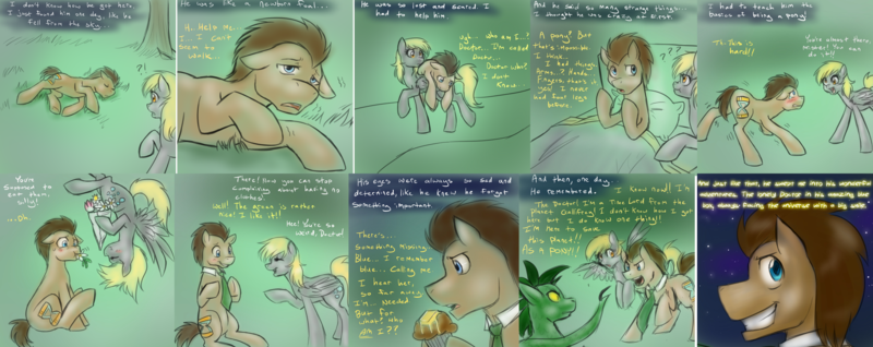 Size: 3724x1480 | Tagged: safe, artist:jitterbugjive, derpibooru import, derpy hooves, doctor whooves, time turner, earth pony, pegasus, pony, ask discorded whooves, lovestruck derpy, amnesia, bed, butter, comic, crossover, doctor who, eyes closed, female, first meeting, flower, food, herbivore, horses doing horse things, hybrid pony, image, implied regeneration, male, mare, muffin, necktie, origins, png, silurian, sleeping, space, stallion, the doctor, time lord, tumblr comic