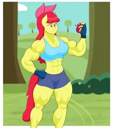 Size: 2948x3326 | Tagged: safe, artist:matchstickman, derpibooru import, apple bloom, anthro, earth pony, pony, going to seed, abs, apple, apple bloom's bow, apple brawn, biceps, bow, breasts, busty apple bloom, clothes, deltoids, female, fingerless gloves, food, fruit, gloves, hair bow, image, mare, matchstickman's apple brawn series, muscles, muscular female, older, older apple bloom, png, scene interpretation, shorts, solo, tree, white border