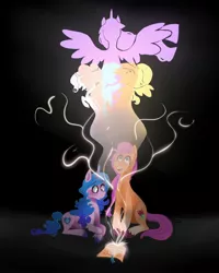 Size: 2106x2637 | Tagged: safe, artist:crypticcervine, derpibooru import, applejack, fluttershy, izzy moonbow, pinkie pie, rainbow dash, rarity, sunny starscout, twilight sparkle, earth pony, pony, unicorn, female, g5, high res, image, jpeg, magic, mane six, mare, spread wings, unshorn fetlocks, wings