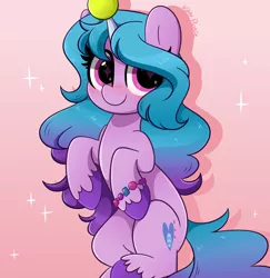 Size: 3975x4096 | Tagged: safe, artist:kittyrosie, derpibooru import, izzy moonbow, pony, unicorn, absurd resolution, blushing, bracelet, cute, female, g5, horn, horn guard, horn impalement, hornball, image, izzy's tennis ball, izzybetes, jewelry, jpeg, looking at you, mare, raised hoof, smiling, solo, tennis ball, unshorn fetlocks