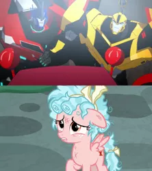 Size: 1920x2160 | Tagged: safe, derpibooru import, edit, edited screencap, screencap, cozy glow, pegasus, pony, school raze, abuse, autobot, bumblebee (transformers), clampdown, clash of hasbro's titans, comparison, cozybuse, female, filly, image, messy mane, optimus prime, png, teeth, transformers, transformers robots in disguise (2015)