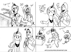 Size: 2048x1491 | Tagged: safe, artist:alexsupers, derpibooru import, princess luna, oc, alicorn, human, pony, clothes, collar, comic, costume, crown, digital art, eyes closed, horn, image, jewelry, jpeg, meme, monochrome, open mouth, pacific rim, regalia, tail, television, text, trollface, wings