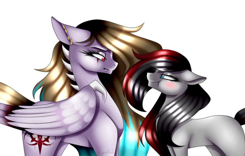 Size: 1600x1021 | Tagged: safe, artist:minelvi, derpibooru import, oc, unofficial characters only, earth pony, pegasus, pony, blushing, duo, ear piercing, earring, earth pony oc, eye scar, eyelashes, image, jewelry, looking at each other, pegasus oc, piercing, png, scar, scrunchy face, simple background, transparent background, wings