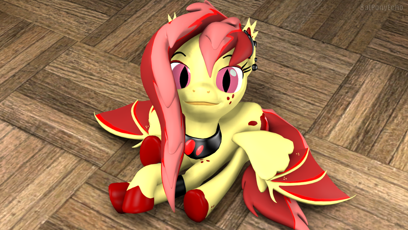 Size: 1280x720 | Tagged: safe, artist:batponyecho, derpibooru import, oc, oc:ruby blossom, oc:ruby splash, unofficial characters only, bat pony, pony, 3d, bat pony oc, bat wings, behaving like a cat, collar, female, hooves, image, looking at you, mare, meme, png, polite cat, sitting, solo, source filmmaker, spread wings, wings