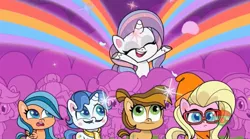 Size: 1669x931 | Tagged: safe, derpibooru import, screencap, buttershy, fancypants, potion nova, pony, my little pony: pony life, desert weave, image, jpeg, orange zest, rainbow, sportacular spectacular musical musak-ular, treehouse logo, we shine brighter together