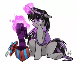 Size: 2088x1775 | Tagged: safe, artist:opalacorn, derpibooru import, oc, oc:magna-save, unofficial characters only, pony, unicorn, birthday, birthday present, clothes, cute, gift art, gift giving, happy, image, jacket, jpeg, magic, present, scarf, simple background, solo