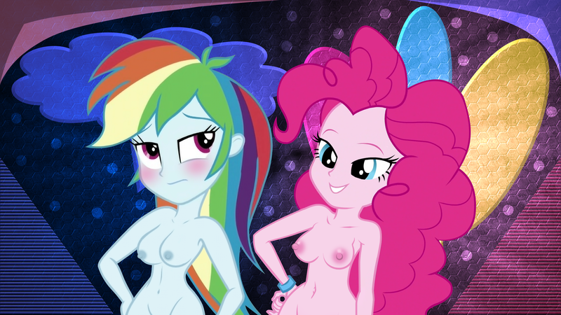 Size: 5120x2880 | Tagged: questionable, artist:dirty mike, artist:laszlvfx, derpibooru import, edit, editor:slayerbvc, pinkie pie, rainbow dash, equestria girls, belly button, blushing, breasts, female, females only, image, nipples, nudity, png, wallpaper, wallpaper edit