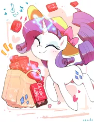 Size: 1200x1550 | Tagged: safe, artist:nendo, derpibooru import, rarity, pony, unicorn, bag, blushing, chocolate, cute, eyes closed, female, food, glowing horn, happy, hat, heart, holiday, horn, image, magic, mare, music notes, png, raribetes, shopping bags, simple background, smiling, solo, telekinesis, valentine's day