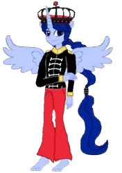 Size: 420x597 | Tagged: safe, artist:loomytyranny, derpibooru import, oc, oc:frenchie colonial, alicorn, hybrid, equestria girls, 1000 hours in ms paint, barefoot, crown, eqg promo pose set, europe, feet, france, image, jewelry, luna planet, male, monarch, png, ponytail, regalia, wings