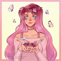 Size: 2048x2048 | Tagged: safe, artist:rubimlp6, derpibooru import, fluttershy, butterfly, human, insect, alternate hairstyle, bra, bra strap, choker, clothes, cute, female, floral head wreath, flower, humanized, image, jpeg, nail polish, rose, shyabetes, solo, sweater, sweatershy, underwear