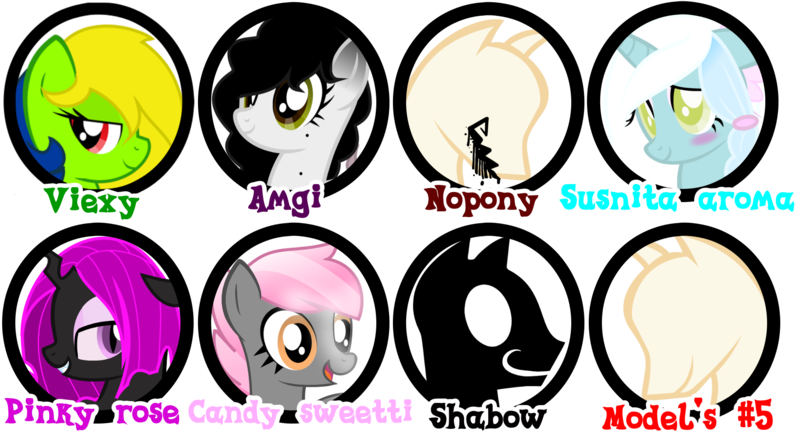 Size: 1822x990 | Tagged: safe, artist:amgiwolf, derpibooru import, changeling queen oc, oc, oc:amgi, oc:candy sweetti, oc:nopony, oc:pinky rose, oc:shadow, oc:sunset aroma, oc:viexy ams, unofficial characters only, changeling, changeling queen, earth pony, pegasus, pony, shadow pony, unicorn, bedroom eyes, bust, earth pony oc, eyelashes, female, horn, image, mannequin, mare, pegasus oc, png, purple changeling, simple background, smiling, transparent background, unicorn oc, wings