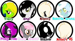 Size: 1822x990 | Tagged: safe, artist:amgiwolf, derpibooru import, changeling queen oc, oc, oc:amgi, oc:candy sweetti, oc:nopony, oc:pinky rose, oc:shadow, oc:sunset aroma, oc:viexy ams, unofficial characters only, changeling, changeling queen, earth pony, pegasus, pony, shadow pony, unicorn, bedroom eyes, bust, earth pony oc, eyelashes, female, horn, image, mannequin, mare, pegasus oc, png, purple changeling, simple background, smiling, transparent background, unicorn oc, wings