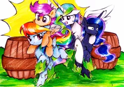 Size: 1069x748 | Tagged: safe, artist:liaaqila, derpibooru import, princess celestia, princess luna, rainbow dash, scootaloo, alicorn, pegasus, pony, barrel, competition, female, filly, image, jpeg, ponies riding ponies, race, riding, royal sisters, scootaloo riding rainbow dash, scootalove, siblings, sisters, slime, traditional art