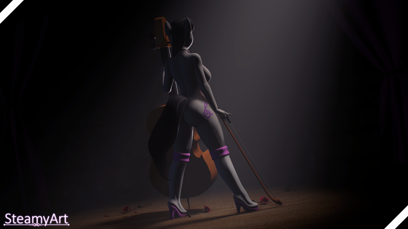 Size: 3840x2160 | Tagged: questionable, artist:phenioxflame, derpibooru import, octavia melody, anthro, earth pony, 3d, behind, boots, bow (instrument), breasts, cello, cello bow, clothes, image, musical instrument, nudity, png, shoes, solo, source filmmaker, stage, stage light