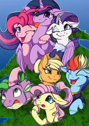 Size: 1443x2048 | Tagged: safe, artist:banoodle, derpibooru import, applejack, fluttershy, pinkie pie, rainbow dash, rarity, spike, twilight sparkle, twilight sparkle (alicorn), alicorn, dragon, earth pony, pegasus, pony, unicorn, :p, christmas, christmas tree, floppy ears, holiday, hug, image, jpeg, looking at each other, looking at you, mane six, older, older applejack, older fluttershy, older pinkie pie, older rainbow dash, older rarity, older spike, older twilight sparkle (alicorn), one eye closed, tongue out, tree, winghug, wink