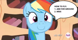 Size: 1917x1001 | Tagged: safe, derpibooru import, edit, screencap, rainbow dash, pony, testing testing 1-2-3, :c, frown, golden oaks library, hitchhiker's guide to the galaxy, hub logo, hubble, image, inverted mouth, library, png, solo