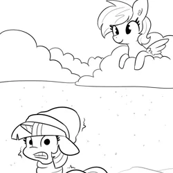 Size: 3000x3000 | Tagged: safe, artist:tjpones, derpibooru import, rainbow dash, twilight sparkle, twilight sparkle (alicorn), alicorn, pegasus, pony, black and white, clothes, cloud, cold, floppy ears, grayscale, hat, image, lineart, monochrome, on a cloud, png, rainbow douche, scarf, shivering, simple background, sitting, sitting on cloud, snow, snowfall, white background