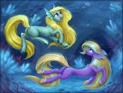 Size: 1600x1200 | Tagged: safe, artist:scheadar, derpibooru import, oc, unofficial characters only, fish, pony, bubble, commission, crepuscular rays, eyelashes, female, flowing mane, flowing tail, glow, image, jpeg, looking at each other, looking up, ocean, open mouth, pink eyes, purple eyes, scales, seaweed, smiling, swimming, teeth, tongue out, underwater, water