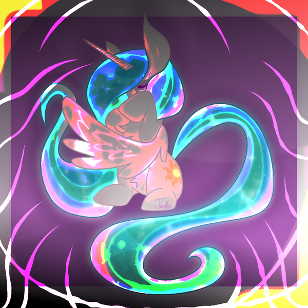 Size: 1000x1000 | Tagged: safe, alternate version, artist:junko, derpibooru import, princess celestia, alicorn, pony, art, chest fluff, digital art, ethereal mane, female, flowing mane, glow, hiding behind wing, hiding face, image, mare, missing accessory, png, signature, solo, wings