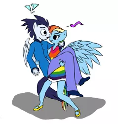 Size: 947x991 | Tagged: safe, anonymous artist, derpibooru import, rainbow dash, soarin', anthro, pegasus, pony, bridal carry, carrying, clothes, cute, derpibooru exclusive, dress, female, image, jpeg, male, mare, mary janes, rainbow dash always dresses in style, shipping, shoes, simple background, soarindash, stallion, straight, suit, surprised, white background