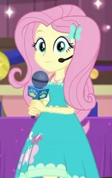 Size: 384x609 | Tagged: safe, derpibooru import, screencap, fluttershy, best in show: the victory lap, equestria girls, equestria girls series, spoiler:eqg series (season 2), beautiful, clothes, cute, cutie mark, cutie mark on clothes, dress, dress interior, female, geode of fauna, headworn microphone, image, jpeg, looking at you, magical geodes, microphone, shyabetes, smiling, smiling at you
