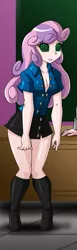 Size: 293x957 | Tagged: safe, artist:danmakuman, derpibooru import, editor:thomasfan45, sweetie belle, human, equestria girls, blouse, boots, breasts, busty sweetie belle, classroom, cleavage, clothes, cropped, cute, desk, female, human coloration, hypnosis, hypnotized, image, jpeg, offscreen character, older, older sweetie belle, open mouth, school uniform, sexy, shoes, skirt, solo, swirly eyes, trance