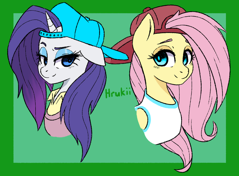 Size: 1150x850 | Tagged: safe, artist:hrukii, derpibooru import, fluttershy, rarity, pegasus, pony, 90s grunge fluttershy, alternate hairstyle, backwards cap, bust, cap, disguise, hat, image, jpeg, lidded eyes, plainity, smiling