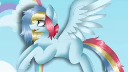 Size: 1080x608 | Tagged: safe, artist:rxndxm.artist, derpibooru import, oc, unofficial characters only, pegasus, pony, chest fluff, cloud, flying, image, jpeg, multicolored hair, outdoors, pegasus oc, rainbow hair, smiling, solo, wings