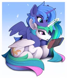 Size: 2020x2345 | Tagged: safe, artist:yakovlev-vad, derpibooru import, princess celestia, princess luna, alicorn, pony, gamer luna, cute, eye clipping through hair, female, glowing horn, gradient background, horn, hug, image, levitation, magic, mare, nintendo, nintendo switch, open mouth, png, royal sisters, s1 luna, siblings, simple background, sisters, sitting, telekinesis, video game