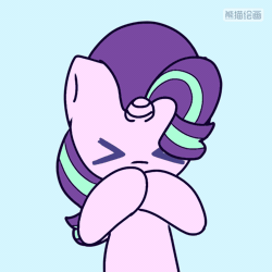 Size: 720x720 | Tagged: safe, artist:starflashing twinkle, derpibooru import, starlight glimmer, pony, unicorn, :3, animated, blowing a kiss, blue background, chinese text, cute, female, frame by frame, gif, glimmerbetes, heart, image, mare, moon runes, simple background, solo