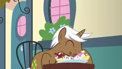 Size: 1280x720 | Tagged: safe, derpibooru import, screencap, mochaccino, rare find, pony, unicorn, fame and misfortune, banana split, eating, food, herbivore, horses doing horse things, ice cream, image, male, messy eating, png, solo, stallion, sundae