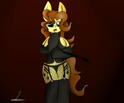 Size: 3000x2500 | Tagged: safe, artist:almaustral, derpibooru import, oc, oc:billy rose, unofficial characters only, earth pony, semi-anthro, both cutie marks, breasts, clothes, earth pony oc, fishnets, image, png, riding crop, signature, solo, underwear