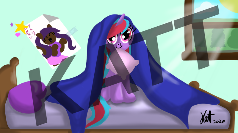 Size: 1920x1080 | Tagged: safe, artist:kattchatt, derpibooru import, oc, oc:cosmic spark, unofficial characters only, pony, unicorn, bed, bedroom, blanket, comments locked down, female, image, mare, obstructive watermark, obtrusive watermark, pillow, png, watermark