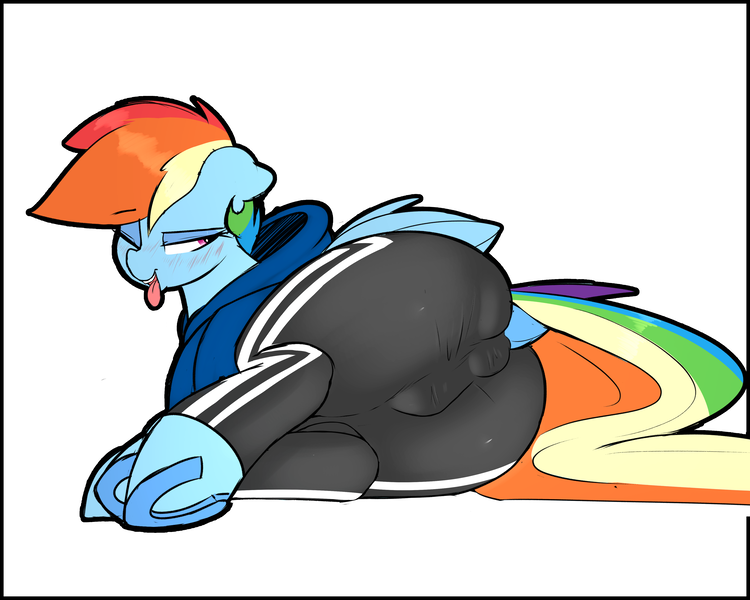 Size: 4167x3334 | Tagged: questionable, artist:welost, derpibooru import, rainbow dash, pegasus, pony, anus cameltoe, blushing, butt, cameltoe, clothes, dock, female, hoodie, image, lying down, mare, one eye closed, open mouth, plot, png, presenting, rainbutt dash, rear view, simple background, sketch, solo, solo female, tongue out, track pants, underhoof, white background, wink