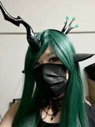 Size: 768x1024 | Tagged: safe, artist:nullpotower, derpibooru import, queen chrysalis, human, clothes, cosplay, costume, face mask, horn, image, irl, irl human, jewelry, jpeg, mask, necklace, photo, solo