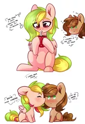 Size: 1280x1875 | Tagged: safe, artist:cloud-fly, derpibooru import, oc, oc:fruity extra, oc:nutty special, unofficial characters only, earth pony, pegasus, pony, chibi, chocolate, female, food, hot chocolate, image, jpeg, kissing, mare