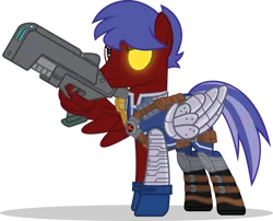 Size: 1280x1035 | Tagged: safe, artist:mlp-trailgrazer, derpibooru import, oc, oc:solar flare, pegasus, pony, artificial wings, augmented, cable, clothes, cosplay, costume, image, laser gun, male, mechanical wing, png, simple background, solo, stallion, transparent background, wings