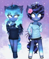 Size: 1615x1947 | Tagged: safe, artist:darkest-lunar-flower, derpibooru import, princess luna, alicorn, anthro, pony, unguligrade anthro, accessories, clothes, duo, female, happy birthday mlp:fim, image, jpeg, looking at each other, mare, mlp fim's tenth anniversary, shorts, shoulder fluff, smiling, socks, stockings, sweater, thigh highs