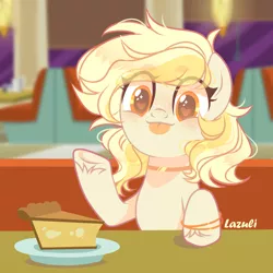 Size: 2000x2000 | Tagged: safe, artist:lazuli0209, derpibooru import, oc, unofficial characters only, earth pony, pony, :p, bust, choker, commission, earth pony oc, food, heart eyes, image, indoors, pie, png, signature, sitting, solo, tongue out, underhoof, unshorn fetlocks, wingding eyes, ych result