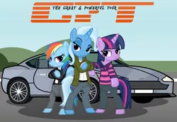 Size: 2400x1655 | Tagged: safe, artist:grapefruitface1, derpibooru import, rainbow dash, trixie, twilight sparkle, pony, aston martin, aston martin dbr9, base used, car, clothes, cosplay, costume, crossed arms, crossover, image, jacket, leaning, leather jacket, outdoors, png, polo shirt, pose, road, shirt, striped shirt, the grand tour, top gear