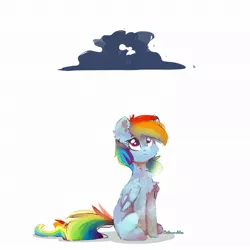 Size: 1080x1080 | Tagged: safe, artist:colorochka, derpibooru import, rainbow dash, pegasus, pony, cheek fluff, chest fluff, cloud, ear fluff, female, folded wings, image, jpeg, looking at something, looking up, mare, neck fluff, raincloud, sad, simple background, sitting, solo, white background, wing fluff, wings