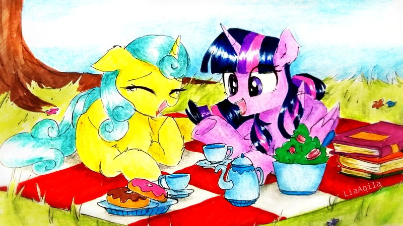 Size: 4128x2322 | Tagged: safe, artist:liaaqila, derpibooru import, lemon hearts, twilight sparkle, twilight sparkle (alicorn), alicorn, pony, unicorn, book, commission, cup, donut, female, food, herbivore, image, jpeg, lemonlight, lesbian, mare, picnic blanket, salad, shipping, teacup, teapot, traditional art, tree