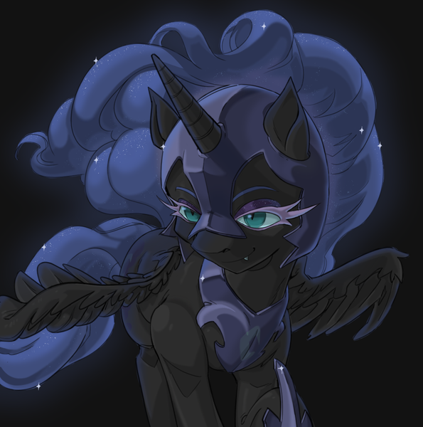 Size: 1181x1191 | Tagged: safe, artist:porcelaineyepie, artist:porcelanowyokular, banned from derpibooru, deleted from derpibooru, derpibooru import, nightmare moon, alicorn, pony, black background, fangs, female, image, mare, png, simple background, solo, spread wings, wings