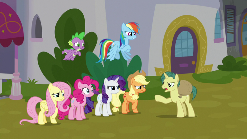 Size: 1920x1080 | Tagged: safe, derpibooru import, screencap, applejack, dandy dispatch, fluttershy, pinkie pie, rainbow dash, rarity, spike, dragon, pony, the ending of the end, image, png, winged spike