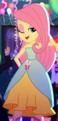 Size: 294x614 | Tagged: safe, derpibooru import, screencap, fluttershy, eqg summertime shorts, equestria girls, raise this roof, adorasexy, bare shoulders, beautiful, beautisexy, cropped, cute, fall formal outfits, image, one eye closed, png, sexy, shyabetes, sleeveless, solo focus, strapless, wink